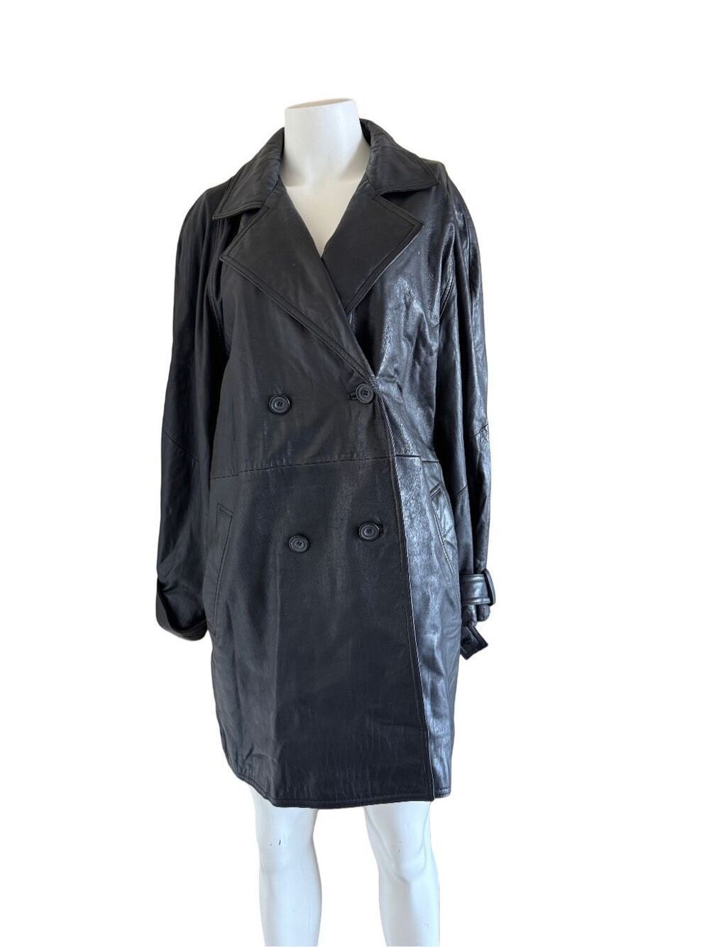 Maurices women’s black leather jacket Large long trench coat posh 90s